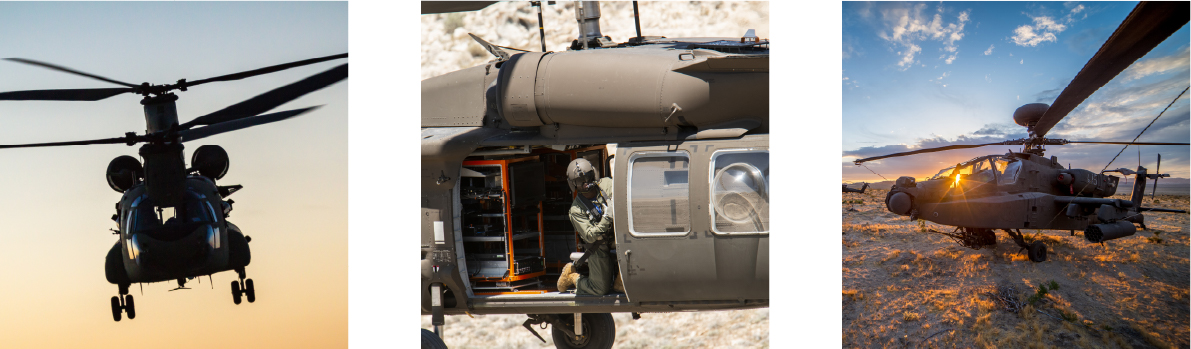 Image collage featuring a Chinook and Apache in flight and a man on a Black Hawk